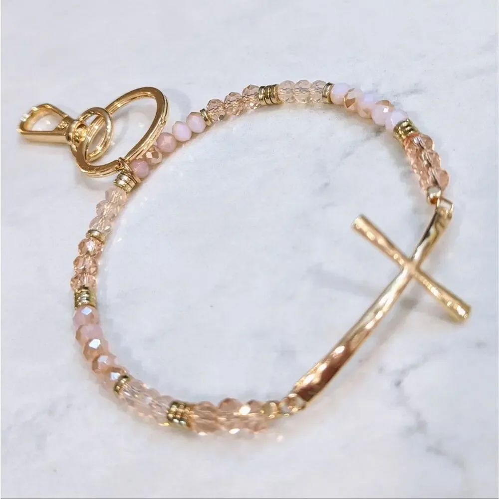 GOLD TONE CROSS Pink Glass Bead Bracelet Style Hoop Key Chain with Closed Hook